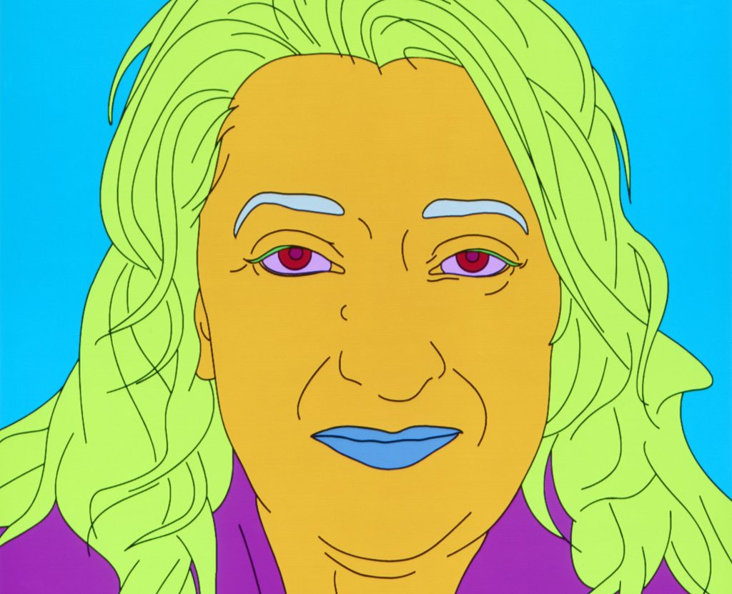 A block colour portrait of Dame Zaha Hadid with yellow hair, orange skin and blue lips