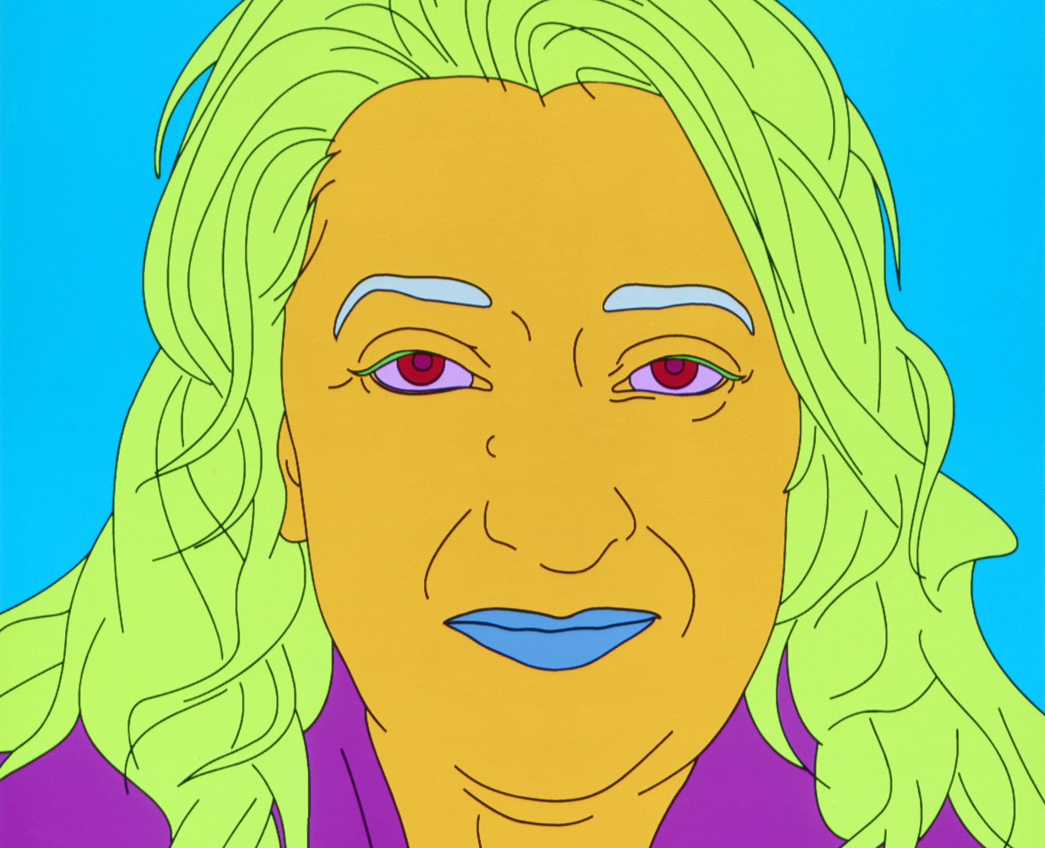 A block colour portrait of Dame Zaha Hadid with yellow hair, orange skin and blue lips