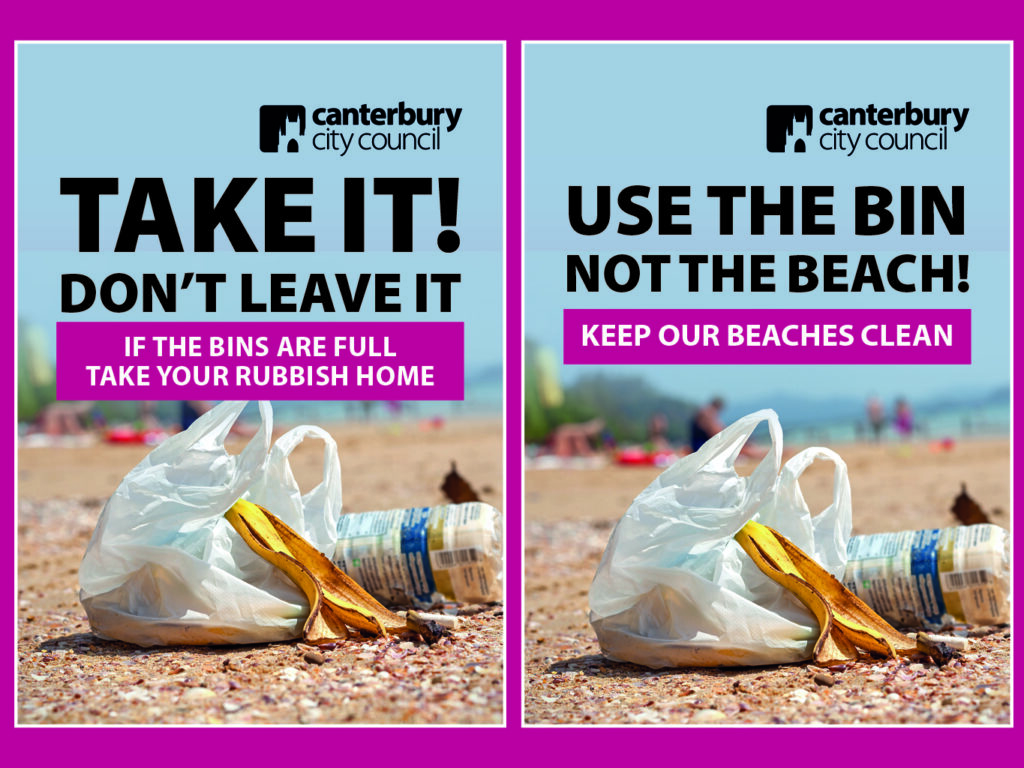Summer coastal litter campaign poster designs by Canterbury City Council which say 'Take it! Don't leave it' and 'Use the bin, not the beach!'