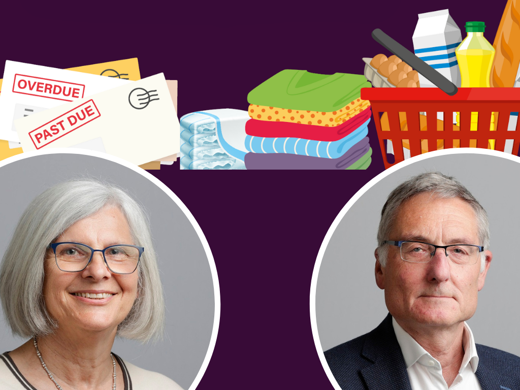 Headshot of Cllr Pip Hazelton and Cllr Alan Baldock with illustration of groceries and letter bills