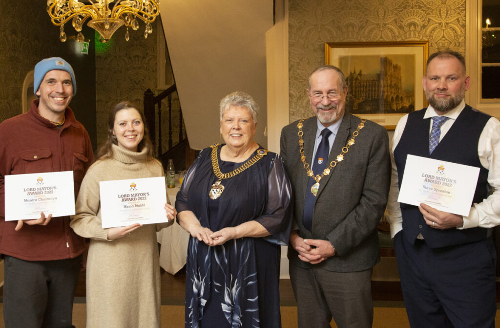 Winners of the Lord Mayor's Awards Steve Sproston, Hema Mukhi and Mantra Chaitanya, pictured with the Lord Mayor Anne Dekker and Consort Ken Dekker