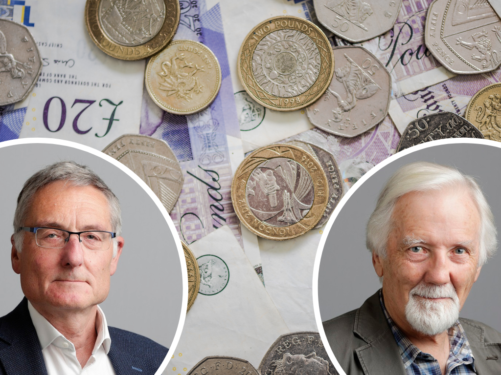 Alan Baldock and Michael Dixey headshots over an image of money