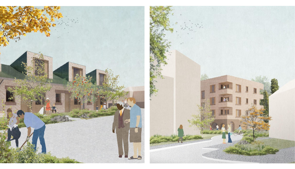 Artist impressions of the proposed new development showing people mingling outside new homes