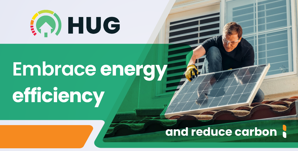 Man installing solar panels with text saying 'Embrace energy efficiency and reduce carbon'