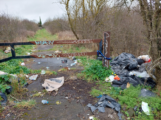 Bags of flytipped waste in a rural area