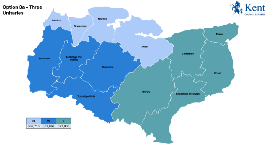 A map graphic showing three unitary councils consisting of Dartford, Gravesham, Medway and Swale in the north; Sevenoaks, Tonbridge and Malling, Maidstone and Tunbridge Wells in the west and Ashford, Canterbury, Thanet, Dover and Folkestone and Hythe in the east.