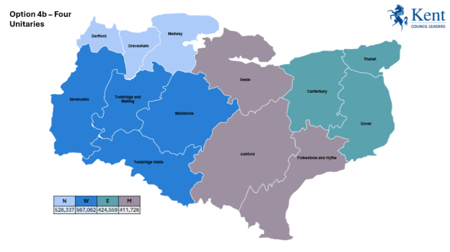 A map graphic showing four unitary councils consisting of Dartford, Gravesham and Medway in the north; Sevenoaks, Tonbridge and Malling, Maidstone and Tunbridge Wells in the west; Ashford, Swale, Maidstone and Folkestone and Hythe in the middle of Kent and Canterbury, Thanet and Dover in the east. 