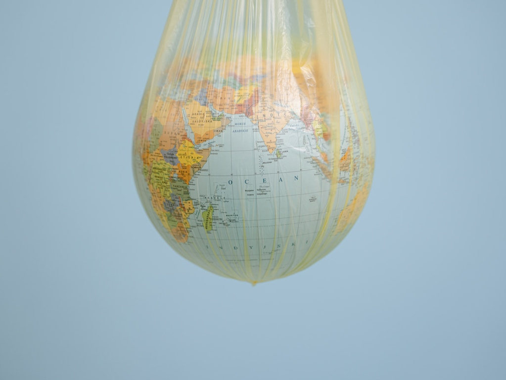 A globe ball inside a plastic bag