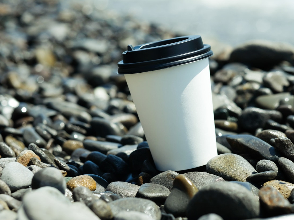 Disposable cup sitting on a pebbly beach